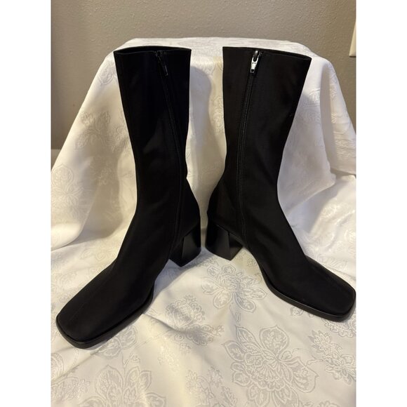 JEFFREY CAMPBELL 7 Black Block Heel Boot Bootie Stretch Mid Calf NEW - Picture 15 of 16